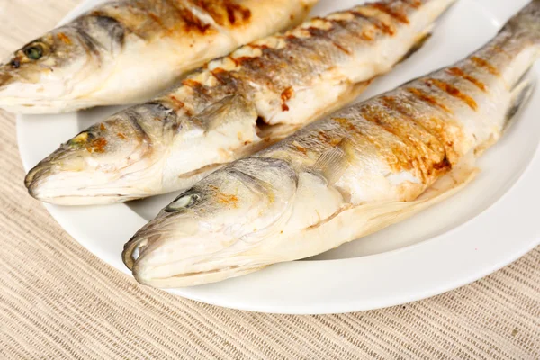 Köstlicher gegrillter Fisch auf dem Teller aus nächster Nähe — Stockfoto