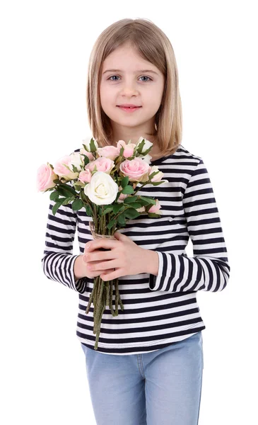Güzel küçük bir kız üzerinde beyaz izole buket holding — Stok fotoğraf