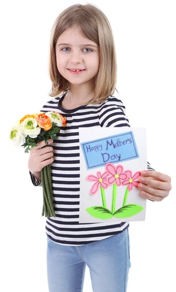 Beautiful little girl holding bouquet and card isolated on white — Stock Photo, Image