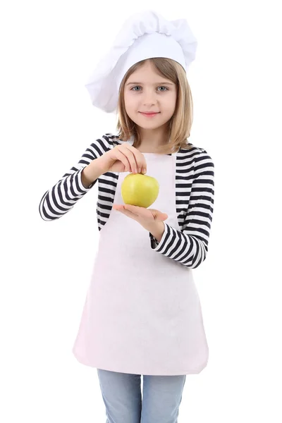 Menina bonita segurando maçã isolada no branco — Fotografia de Stock