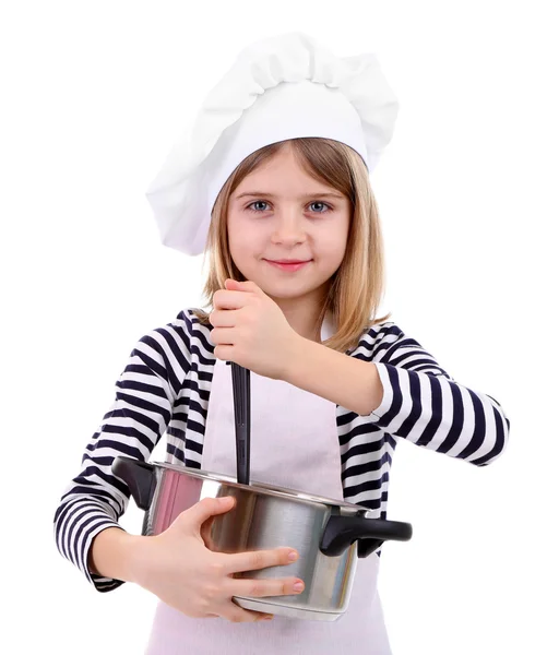 Menina bonita segurando colher de cozinha e panela isolada no branco — Fotografia de Stock