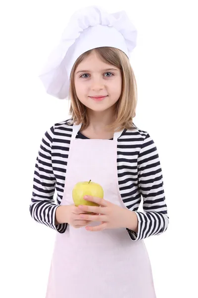 Beautiful little girl holding apple isolated on white — Stock Photo, Image