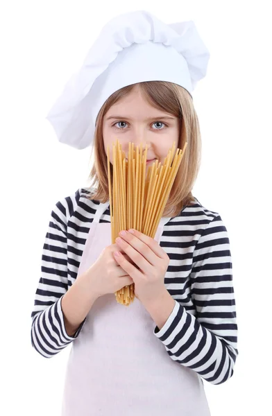Piękna dziewczynka gospodarstwa spaghetti na białym tle — Zdjęcie stockowe