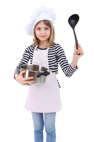 Belle petite fille tenant cuillère de cuisine et poêle isolée sur blanc — Photo