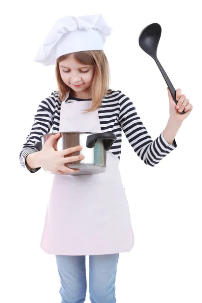 Piękna dziewczynka gospodarstwa kuchnia łyżka i pan na białym tle — Zdjęcie stockowe