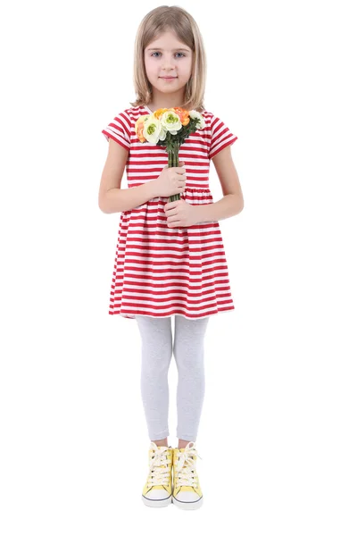 Schöne kleine Mädchen mit Blumenstrauß isoliert auf weiß — Stockfoto