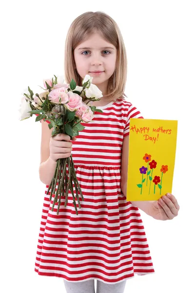 Buket ve üzerinde beyaz izole kart tutan güzel küçük kız — Stok fotoğraf