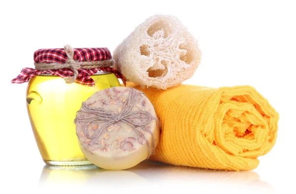 Spa e massagens com mel natural, isolado em branco — Fotografia de Stock
