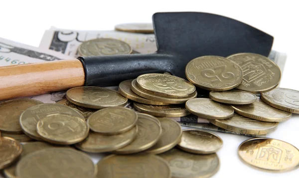 Money with shovel close up — Stock Photo, Image
