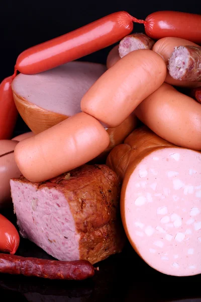 Lot of different sausages close-up background — Stock Photo, Image