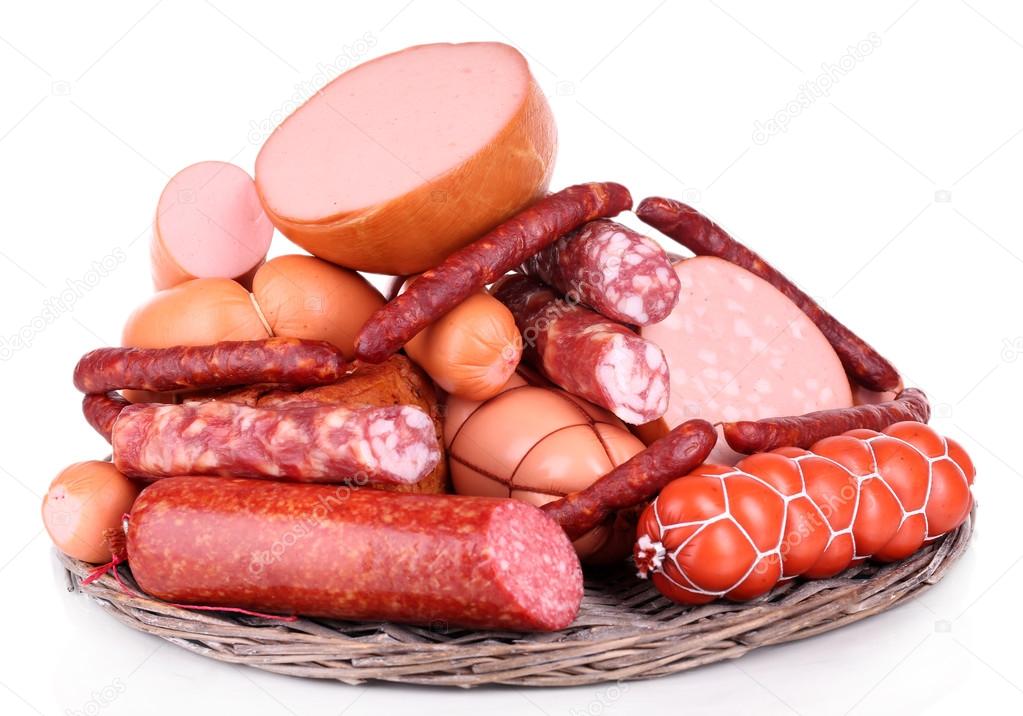 Lot of different sausages isolated on white