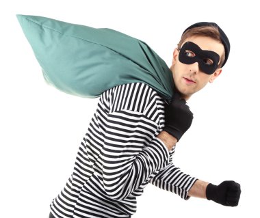 Thief with bag, isolated on white clipart