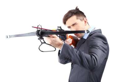 Young businessman with crossbow, isolated on white clipart