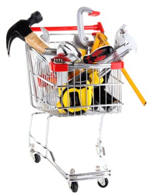 alışveriş sepeti üzerine beyaz izole inşaat araçları
