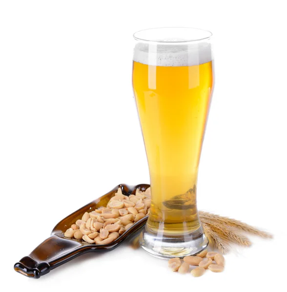 Glasses of beer with snack isolated on white — Stock Photo, Image