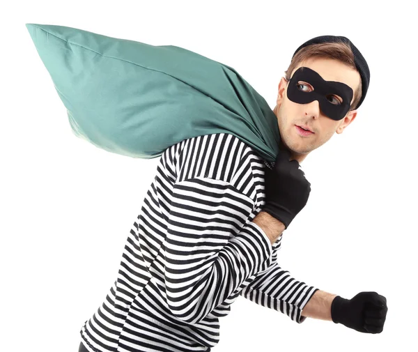 Zloděj s taškou izolovaných na bílém pozadí — Stock fotografie