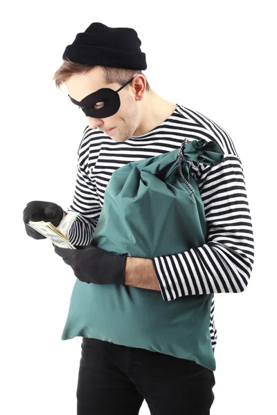 Thief with bag, isolated on white — Stock Photo, Image