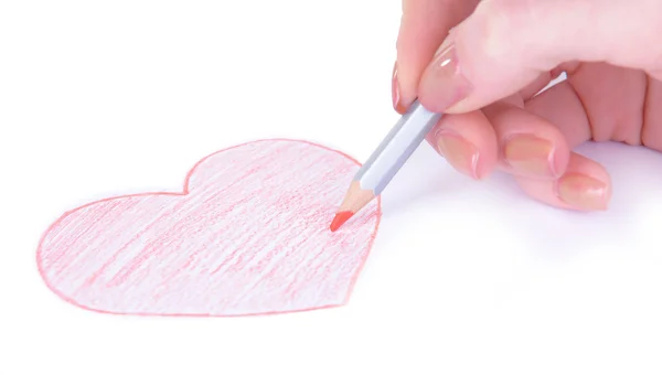 用铅笔在纸表特写上绘制的心 — 图库照片