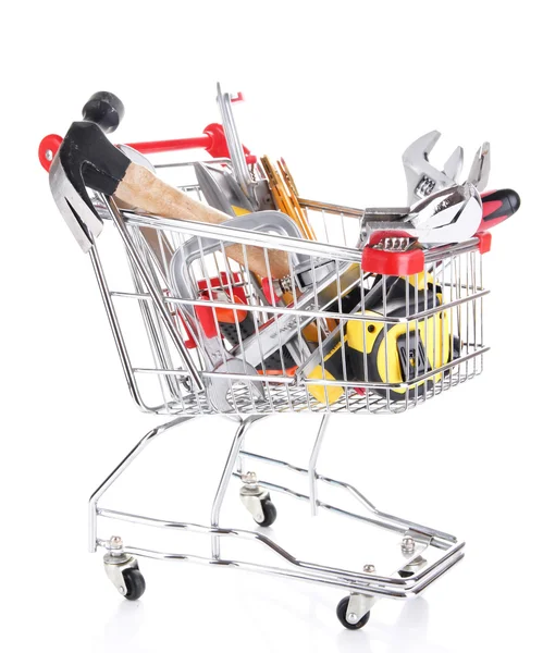 alışveriş sepeti üzerine beyaz izole inşaat araçları