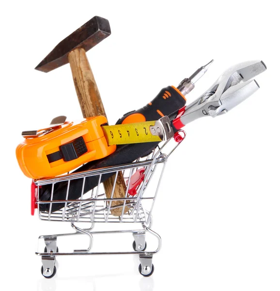 Construction tools in shopping cart isolated on white — Stock Photo, Image