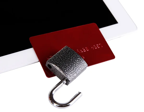 Кредитна картка з замком і планшетом ізольовані на білому — стокове фото