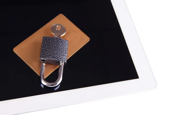 Credit card with lock and tablet close up — Stock Photo, Image