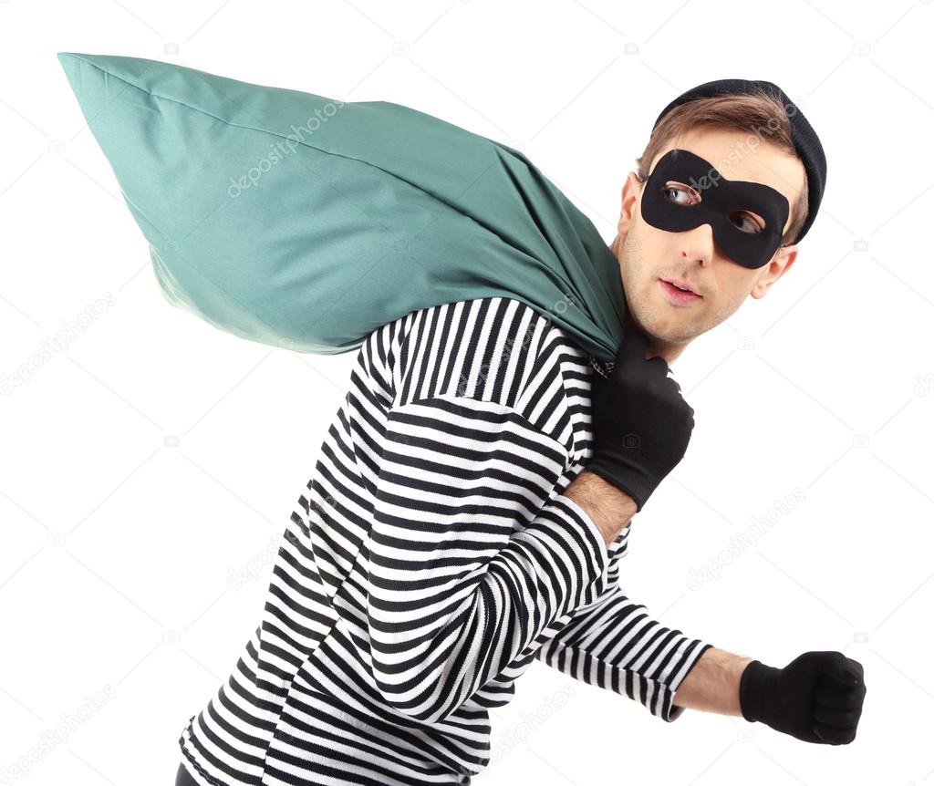 Thief with bag, isolated on white