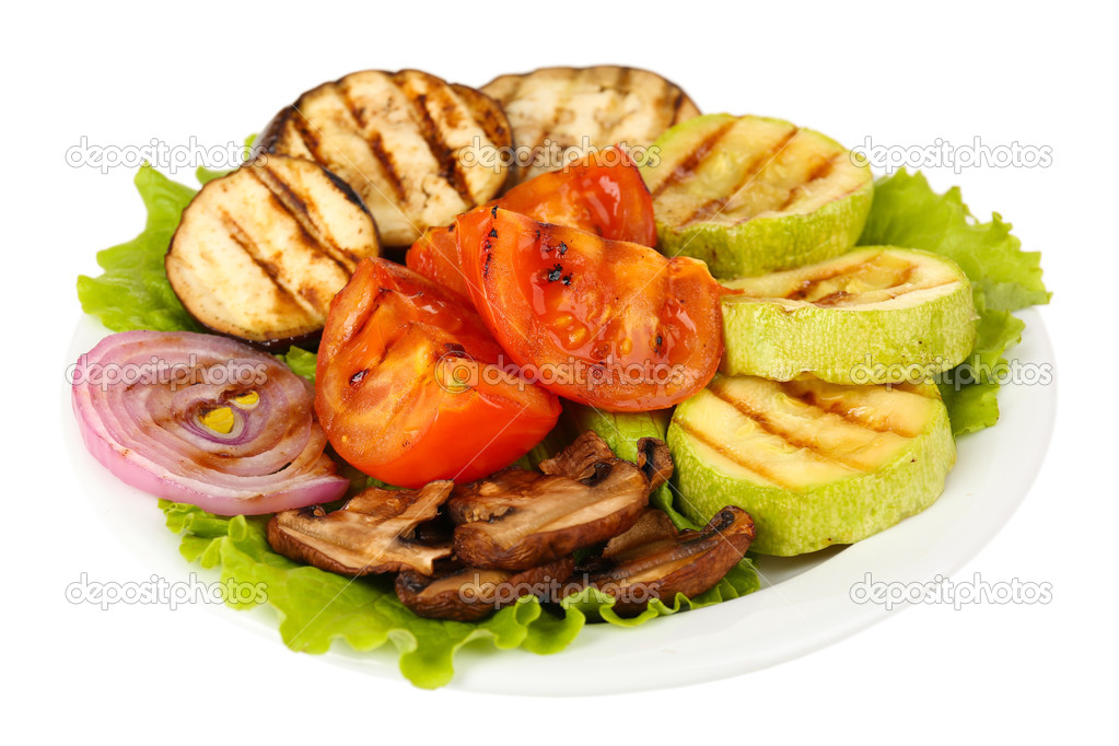 Delicious grilled vegetables on plate isolated on white