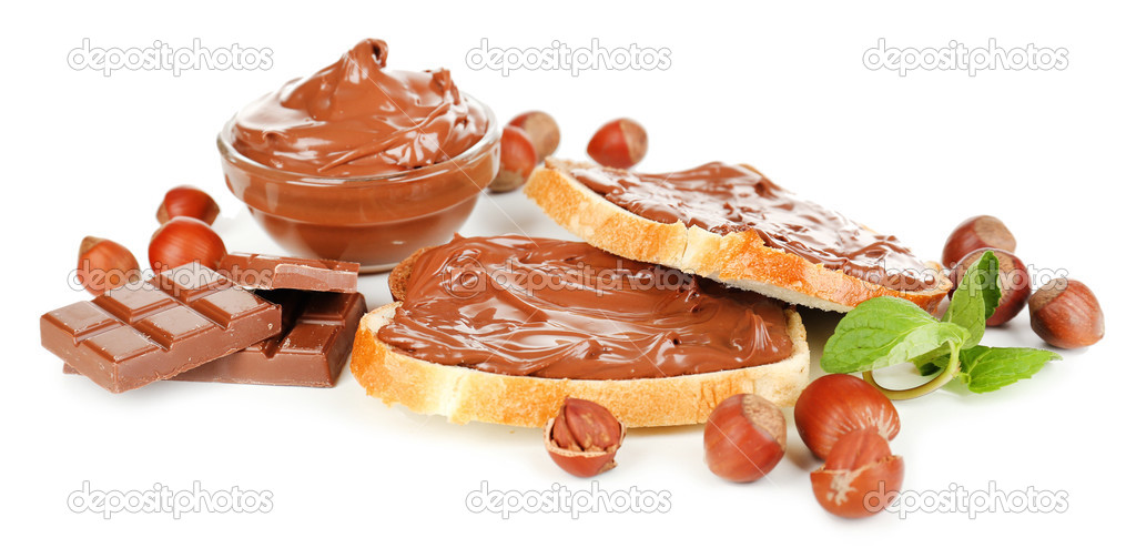 Bread with sweet chocolate hazelnut spread isolated on white