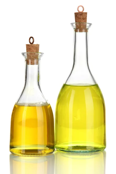 Original glass bottles with salad dressing isolated on white — Stock Photo, Image