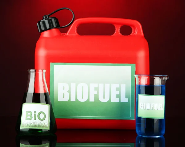 Bio fuels in canister and vials on red background — Stock Photo, Image