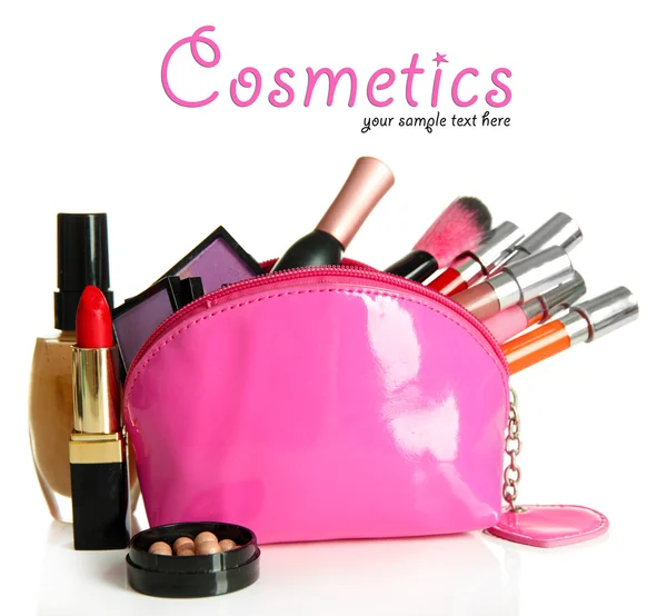 Beautiful make up bag with cosmetics , isolated on white — Stock Photo, Image