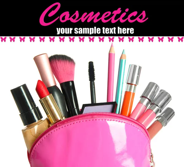 Beautiful make up bag with cosmetics , isolated on white — Stock Photo, Image