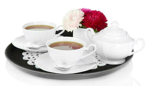 Cups of tea on tray isolated on white — Stock Photo, Image