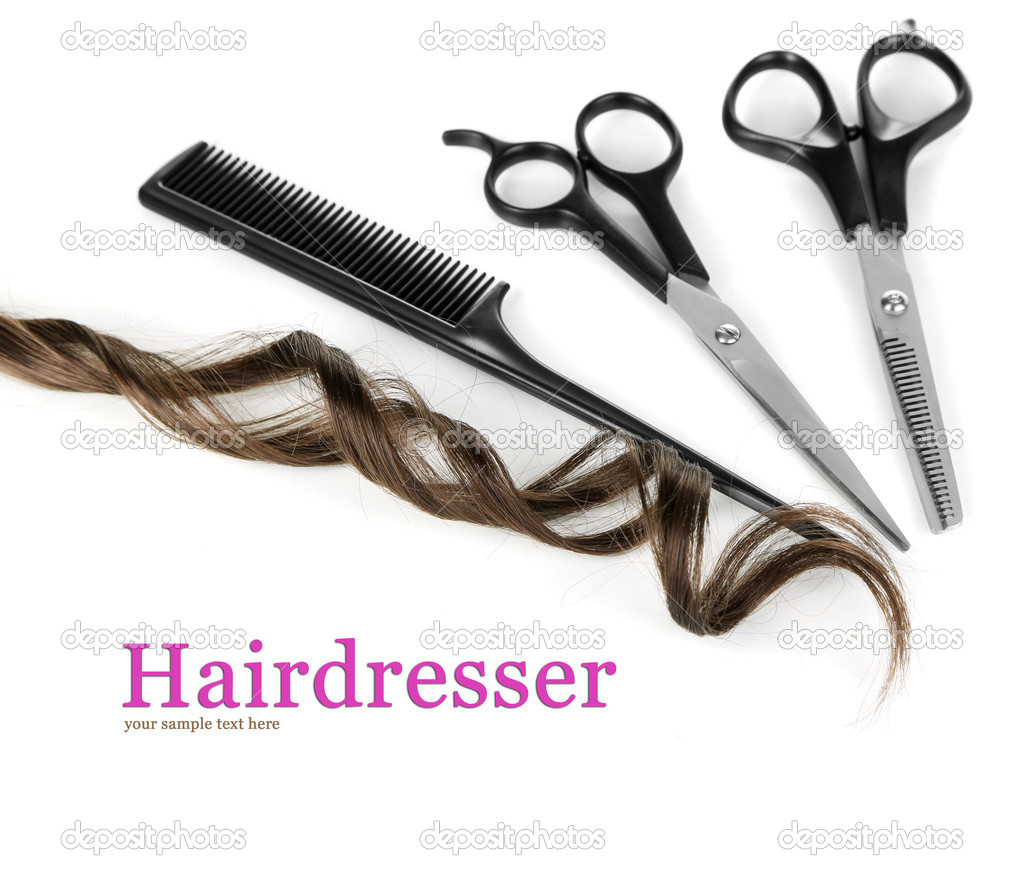 Shiny brown curl with scissors and comb isolated on white