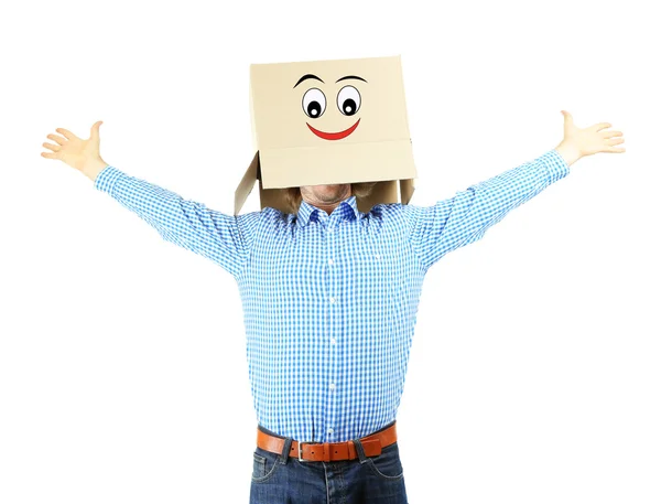 Άνθρωπος με κουτί από χαρτόνι στο κεφάλι του που απομονώνονται σε λευκό — Φωτογραφία Αρχείου
