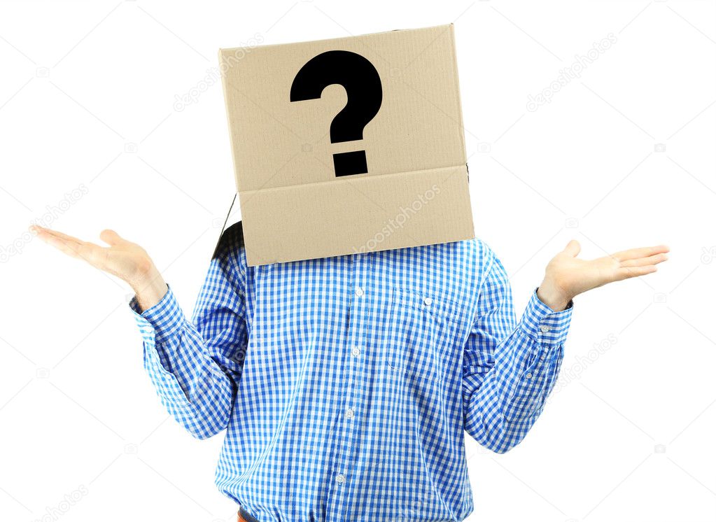 Man with cardboard box on his head isolated on white