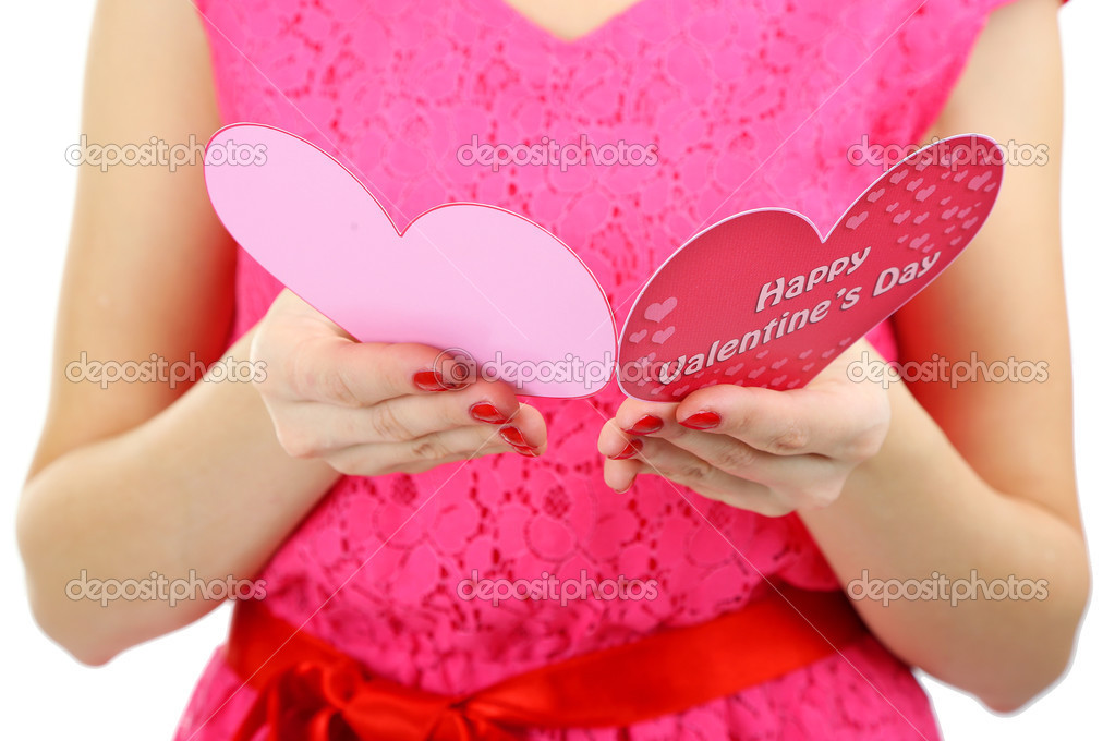 Young woman read Valentine card close up