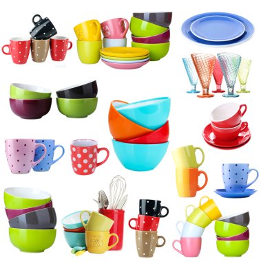 beyaz izole renkli dishware kolaj