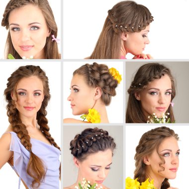 Collage of beautiful girl with different hairstyles clipart