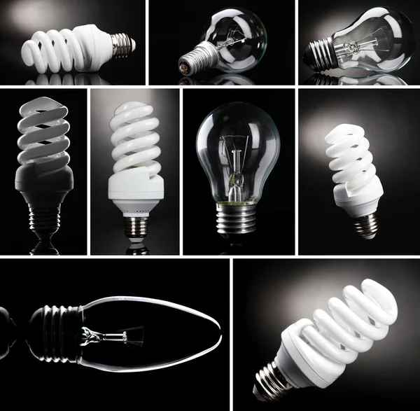 Collage von Glühbirnen auf schwarzem Hintergrund — Stockfoto