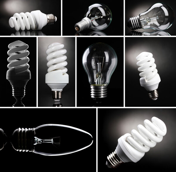 Collage of light bulbs on black background