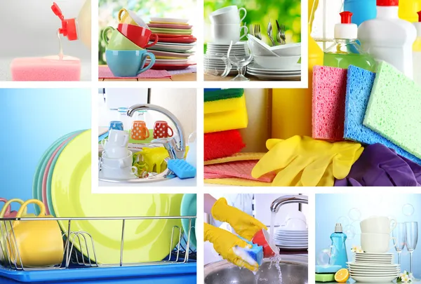 Колаж миття посуду крупним планом — стокове фото