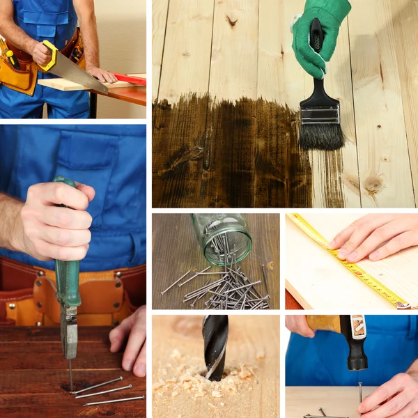 Collage of working man and carpentry tools — Stock Photo, Image