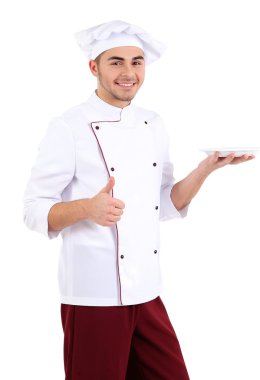 beyaz üniforma ve şapka, üzerinde beyaz izole profesyonel şef