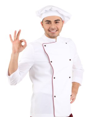 beyaz üniforma ve şapka, üzerinde beyaz izole profesyonel şef