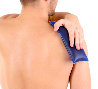 sırt ağrısı, üzerinde beyaz izole genç adamla