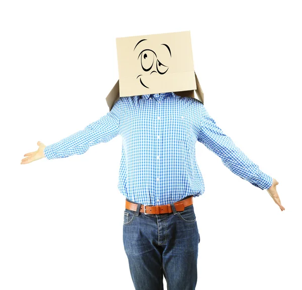 Man with cardboard box on his head isolated on white — Stock Photo, Image