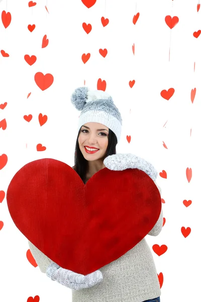 Attractive young woman with heart on Valentine Day — Stock Photo, Image