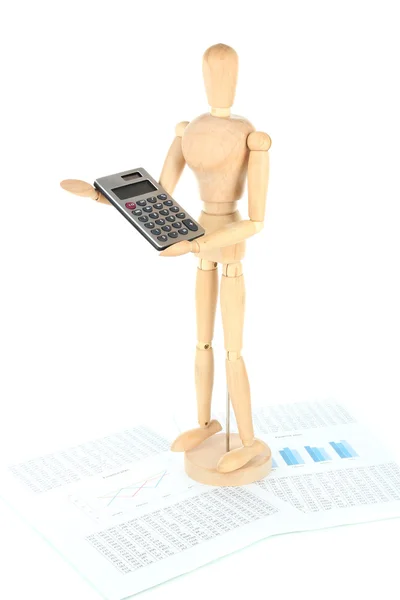 Wooden mannequin with calculator isolated on white — Stock Photo, Image